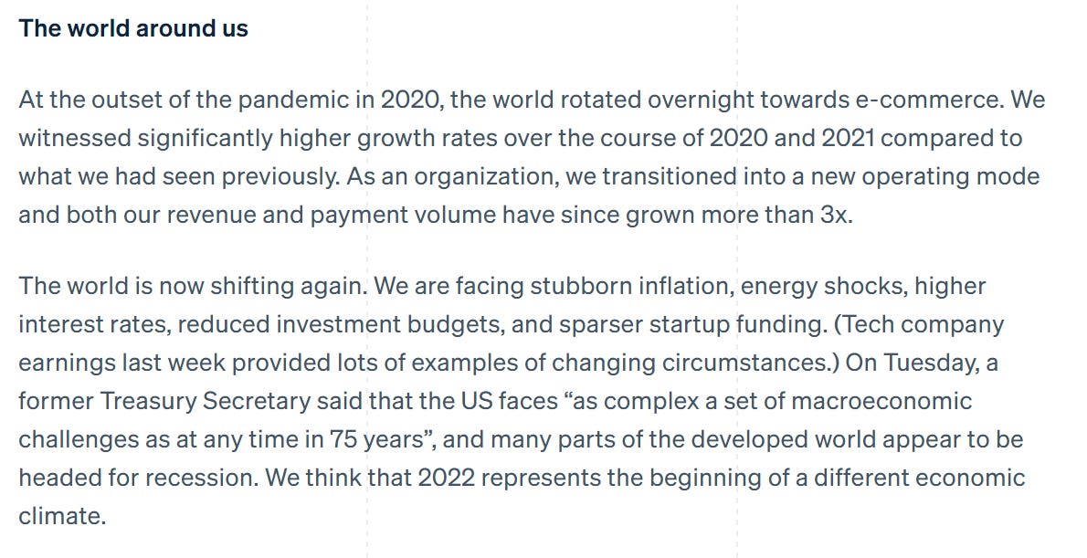 The world around us At the outset of the pandemic in 2020, the world rotated overnight towards e-commerce. We witnessed significantly higher growth rates over the course of 2020 and 2021 compared to what we had seen previously. As an organization, we transitioned into a new operating mode and both our revenue and payment volume have since grown more than 3x. The world is now shifting again. We are facing stubborn inflation, energy shocks, higher interest rates, reduced investment budgets, and sparser startup funding. (Tech company earnings last week provided lots of examples of changing circumstances.) On Tuesday, a former Treasury Secretary said that the US faces “as complex a set of macroeconomic challenges as at any time in 75 years”, and many parts of the developed world appear to be headed for recession. We think that 2022 represents the beginning of a different economic climate. The world around us At the outset of the pandemic in 2020, the world rotated overnight towards e-commerce. We witnessed significantly higher growth rates over the course of 2020 and 2021 compared to what we had seen previously. As an organization, we transitioned into a new operating mode and both our revenue and payment volume have since grown more than 3x. The world is now shifting again. We are facing stubborn inflation, energy shocks, higher interest rates, reduced investment budgets, and sparser startup funding. (Tech company earnings last week provided lots of examples of changing circumstances.) On Tuesday, a former Treasury Secretary said that the US faces “as complex a set of macroeconomic challenges as at any time in 75 years”, and many parts of the developed world appear to be headed for recession. We think that 2022 represents the beginning of a different economic climate.