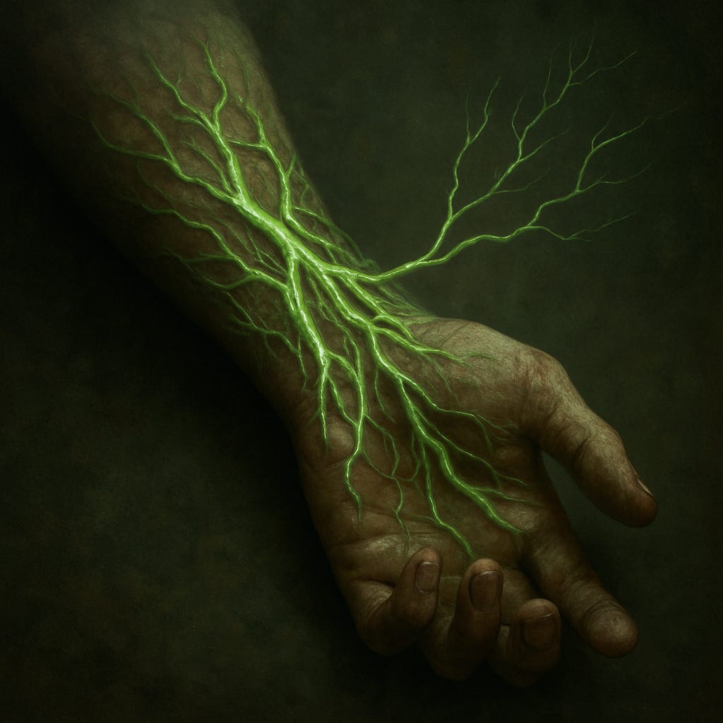 A surreal, digital painting of a human arm and hand outstretched against a dark background. The veins beneath the skin morph into glowing green roots that extend past the wrist, blending into the shadows. The transformation is eerie but beautiful—like the body is becoming part plant. The skin appears pale and translucent, almost moss-like, hinting at infection or evolution.