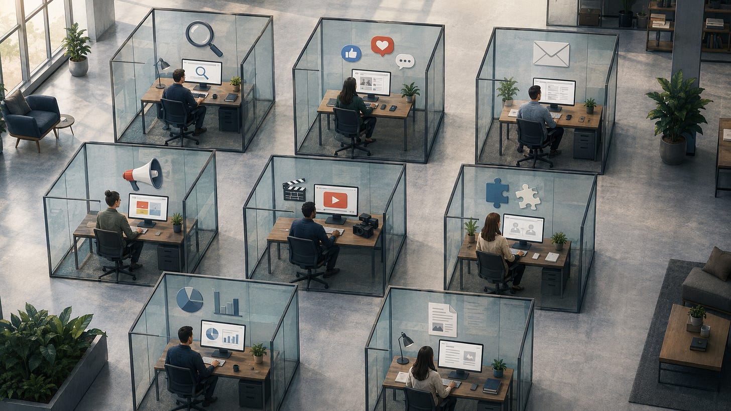 A startup office shows marketers isolated in separate glass boxes, each focused on a different channel. A startup office shows marketers isolated in separate glass boxes, each focused on a different channel.