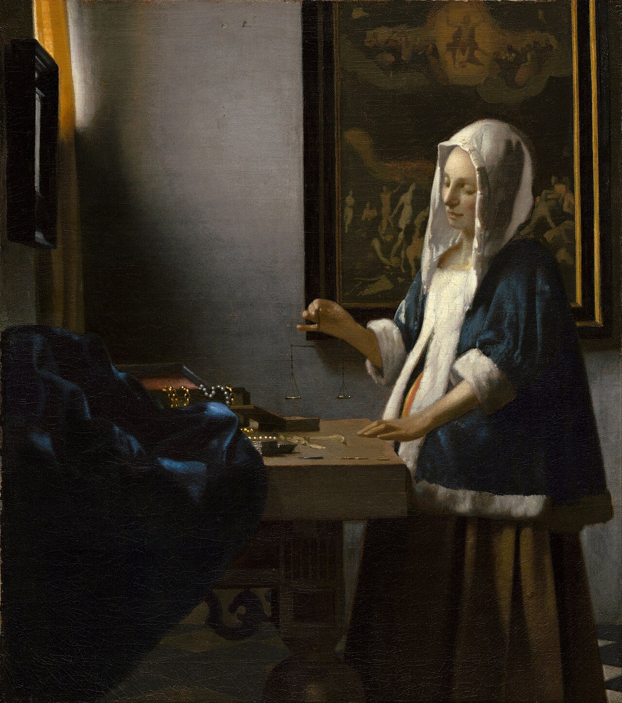 Vermeer's Woman Holding a Balance, weighing empty scales beside a painting of judgement Vermeer's Woman Holding a Balance, weighing empty scales beside a painting of judgement