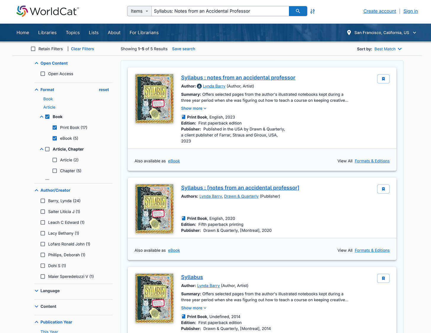 WorldCat.org results for Lynda Barry's "Syllabus." WorldCat.org results for Lynda Barry's "Syllabus."