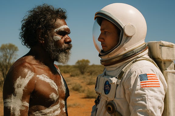 an Australian Aborigine and an astronaut facing each other