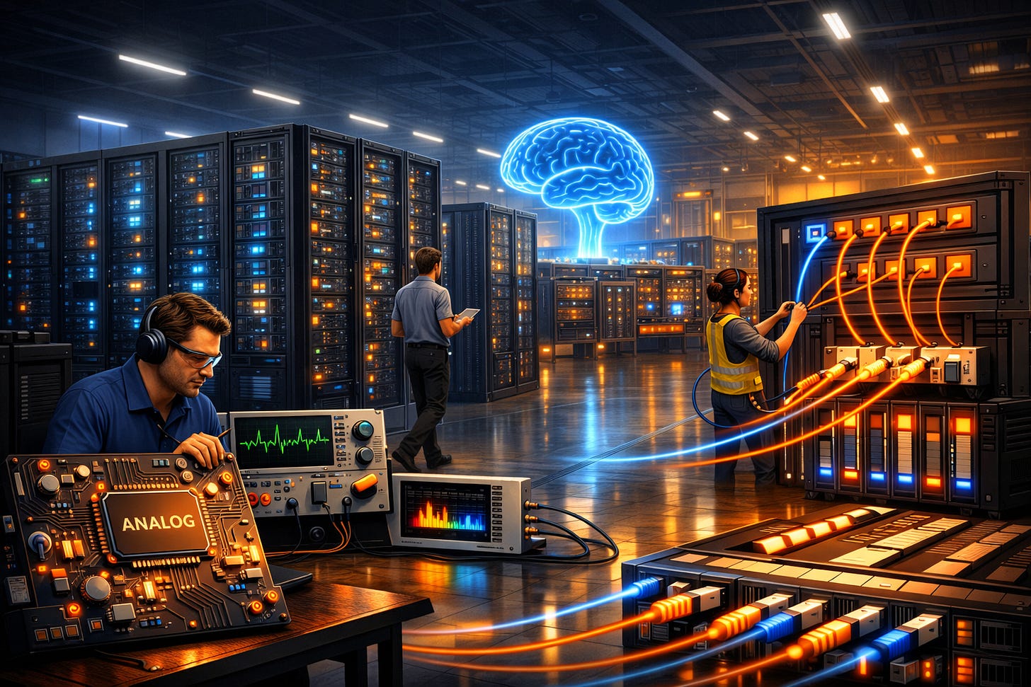 Wide cinematic AI datacenter with technicians in natural human scale