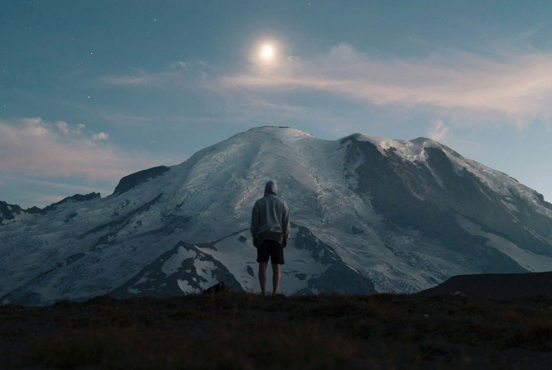 man standing on grass field overlooking mountain