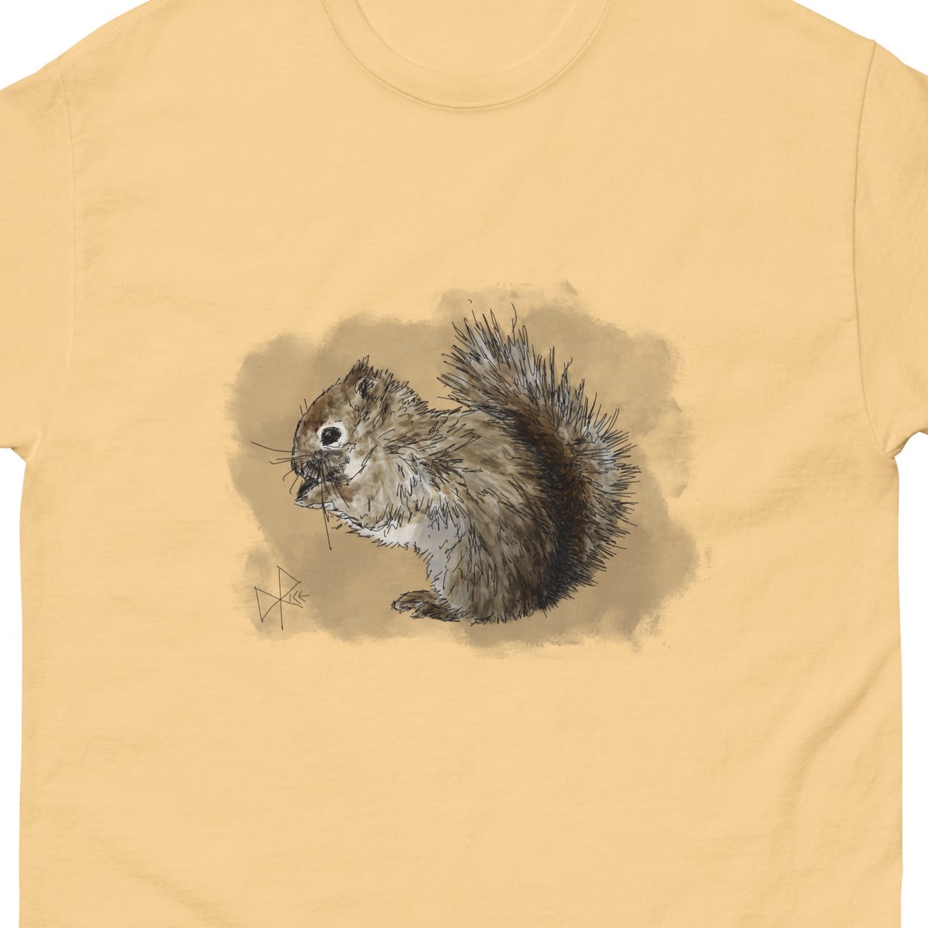 A North American red squirrel happily munching away on a sunflower seed that was found on the ground below a bird feeder. Sketch art by Don Rice.