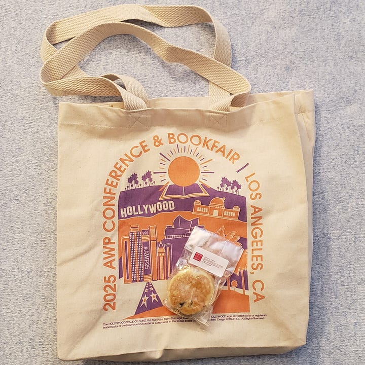 Photos of AWP sign and bookbag/welshcake.
