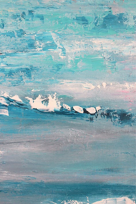Series of oil paintings by Julia Bethan, blues, pinks and whites. Paintings are abstract oils of landscapes and stars.