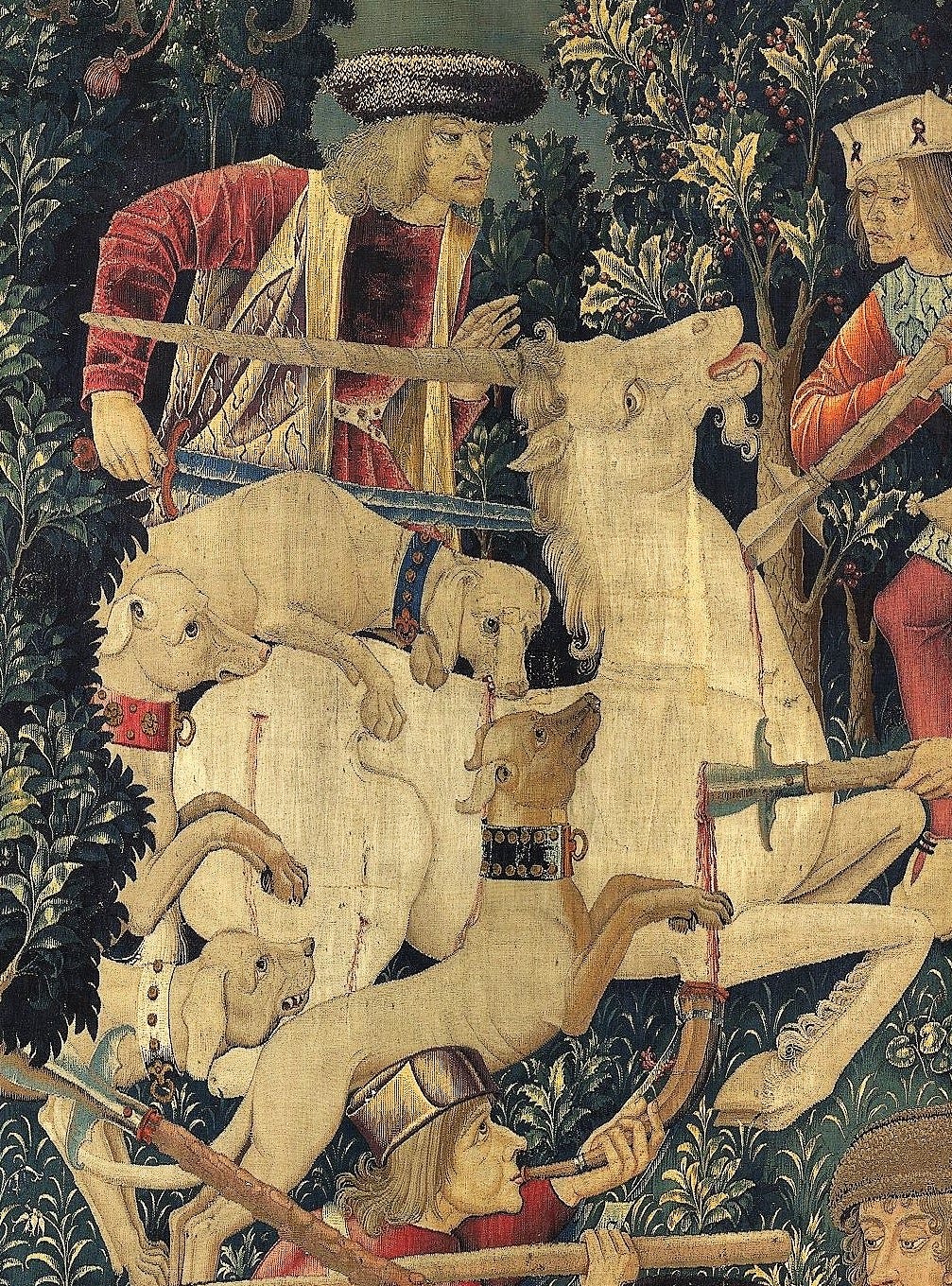 Tapestry of hunters carrying the dead unicorn to a castle Tapestry of hunters carrying the dead unicorn to a castle