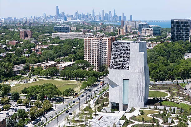 The Chicago skyline behind the Obama Presidential Center during a media preview in the Jackson Park neighborhood of Chicago, Illinois, US, on...