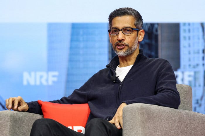 Sundar Pichai speaking at a National Retail Federation event. Sundar Pichai speaking at a National Retail Federation event.