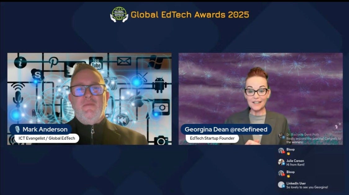 A screenshot from the Global EdTech Awards 2025 virtual event, showing Georgina Dean, identified as an 'EdTech Startup Founder,' speaking in a panel next to Mark Anderson, ICT Evangelist.
