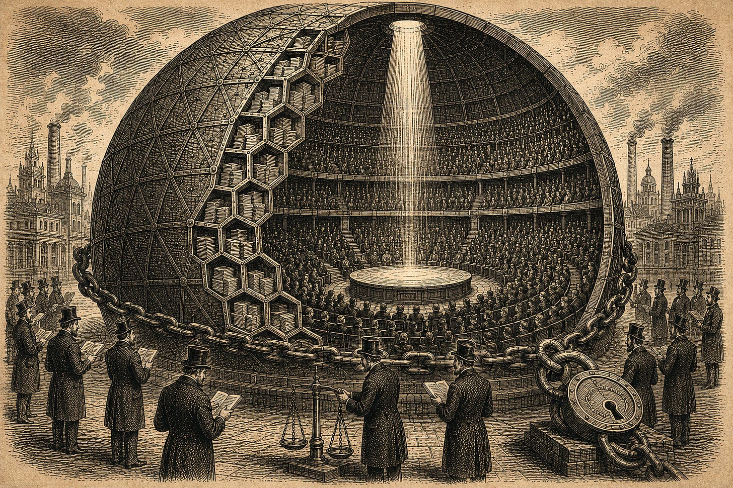Wood-engraving editorial illustration in the Thomas Nast Harper's Weekly style for Attention Capital's essay The Sphere Is Collateral. A cutaway cross-section of an enormous spherical iron-paneled building reveals tiered rows of 19th century audience members seated in concentric circles around a central stage lit by a beam from the dome apex, while bankers evaluate the structure from the exterior base. The image visualizes Sphere Entertainment's Las Vegas venue as a single-site collateral asset, supporting the essay's argument that Sphere is the cleanest senior-secured attention asset in the live events vertical, with forward residency bookings, sponsorship pipelines, and behavioral cohort data on every attendee.