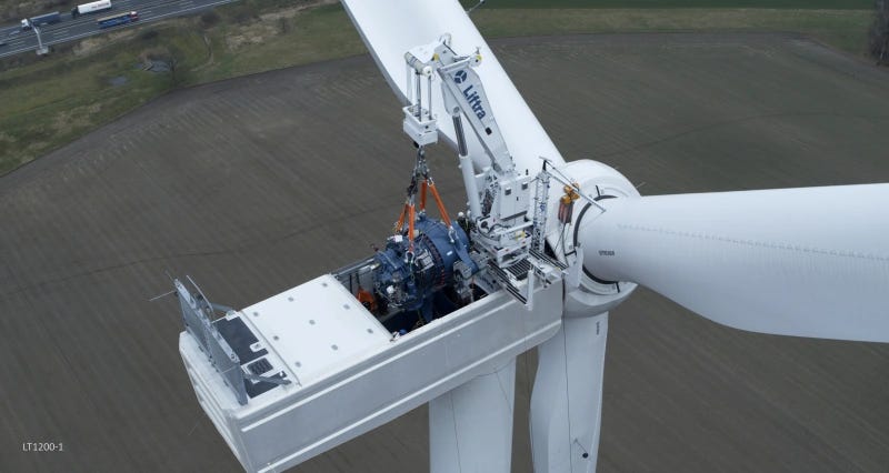 Liftra LT1200 uptower crane exchanging a gearbox on a Nordex Delta4000 turbine