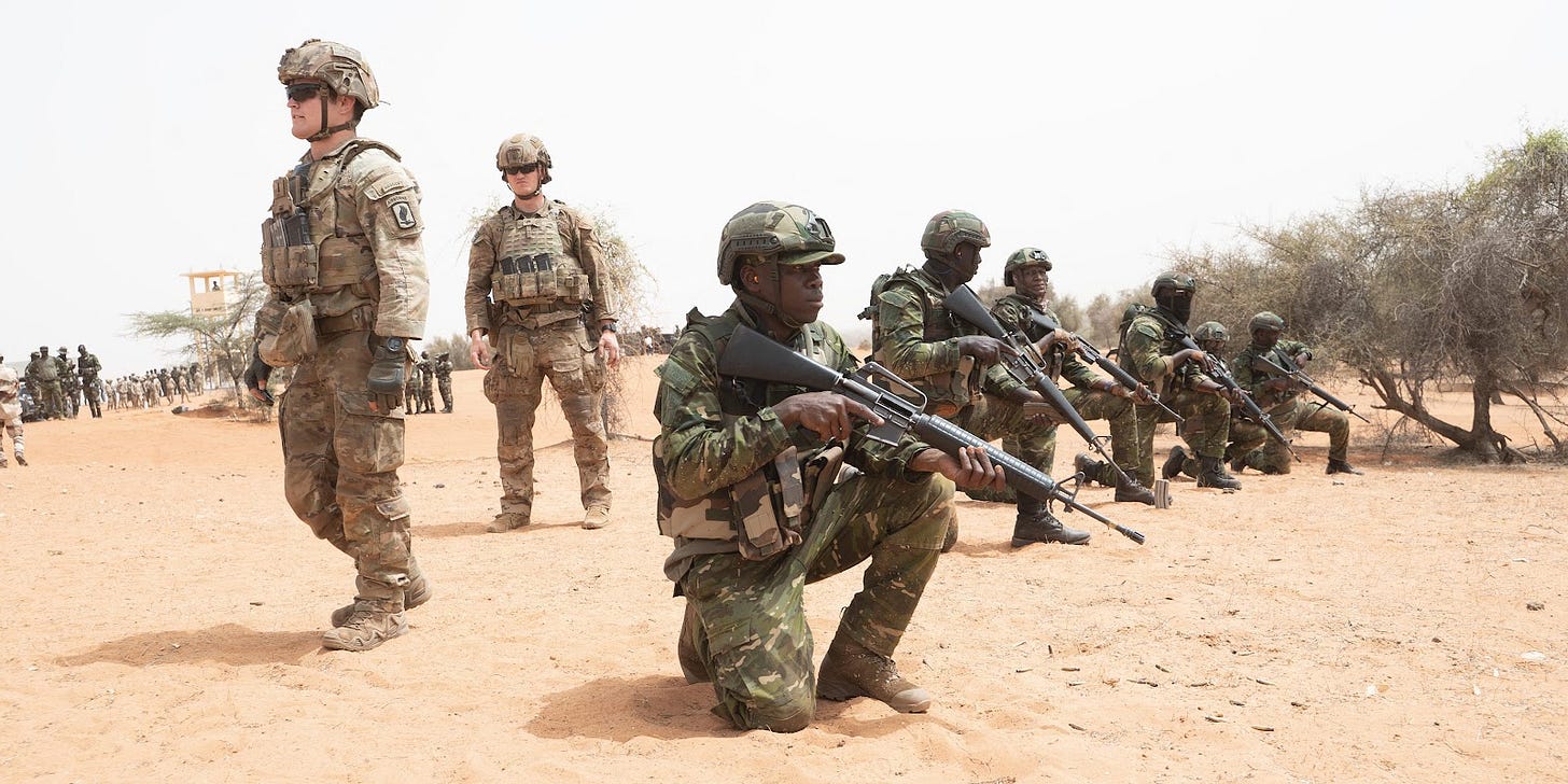 Senegalese, Dutch, Mauritanian, Ivorian, and American soldiers take part in an excercise at the Colonel Thierno Ndiaye Tactical Training Center during the joint multinational exercise African Lion 2025 (AL25) in Dodji on May 15, 2025.