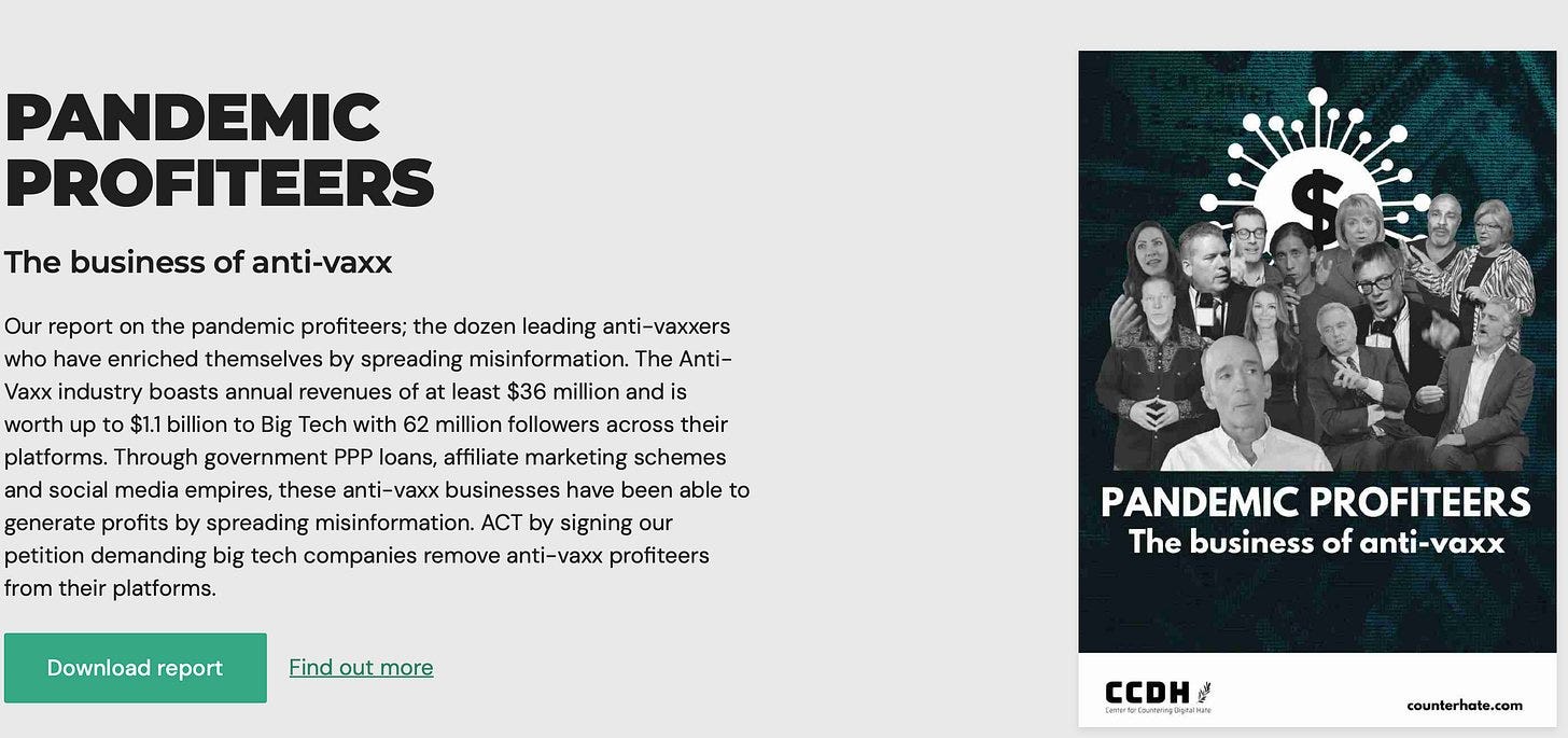 CCDH Pandemic Profiteers report page CCDH Pandemic Profiteers report page