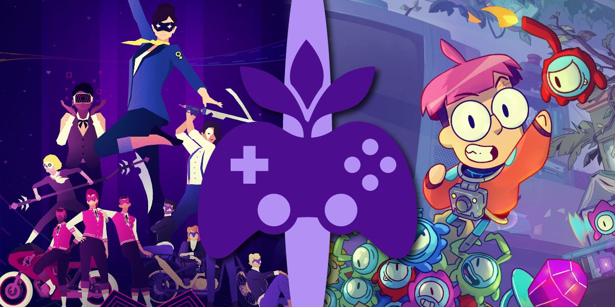 Arte da edição. Ao centro, o logo da newsletter. A esquerda, em cima de um fundo roxo, uma mulher mascarada de roupa azul e salto faz uma pose, com várias outras pessoas mascaradas atrás. A direita, um pequeno garoto de cabelo rosa e roupa laranja pula com a mão para cima. Um pequeno bichinho vermelho com um grande olho e um pavio queimando na cabeça está perto da mão do garoto. Abaixo do garoto, vários outros bichinhos coloridos se aproximam.