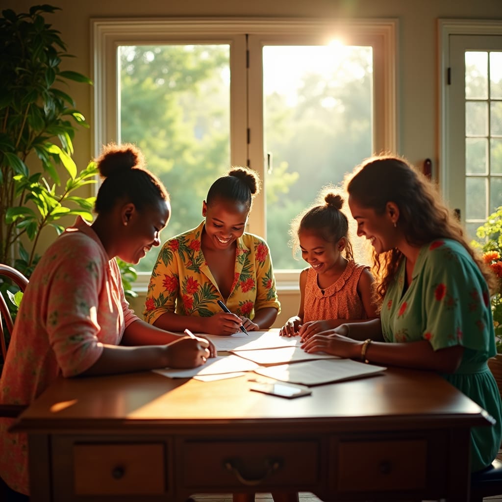 A loving Jamaica family, dressed in vibrant, tropical attire, gathered around a beautiful, old-style wooden desk, surrounded by lush greenery and colorful floral arrangements, signing the papers for their dream home, as warm, golden sunlight pours in through the large windows, casting a sense of joy and accomplishment,