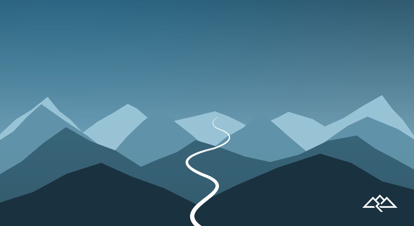A mountain range in layers, near ridges dark and far peaks pale, with a white path winding up through it and the white Doxa mountain mark A mountain range in layers, near ridges dark and far peaks pale, with a white path winding up through it and the white Doxa mountain mark