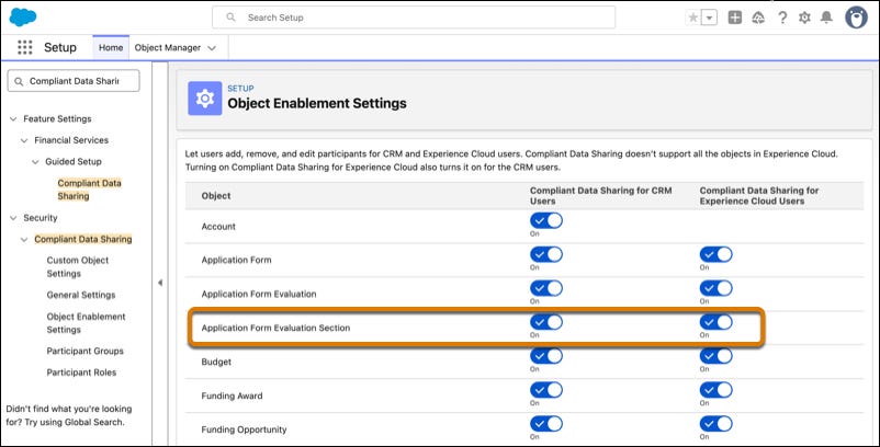 Object enablement settings with the Application Form Evaluation Section object highlighted. Object enablement settings with the Application Form Evaluation Section object highlighted.