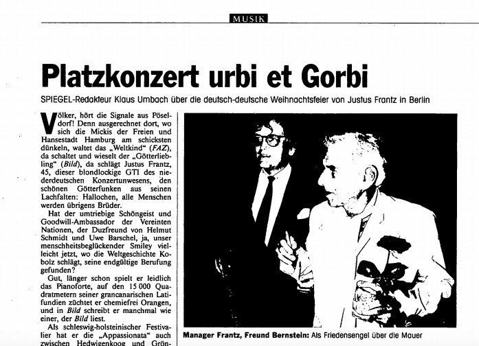 “Platzkonzert urbi et Gorbi” — Klaus Ubach’s criticism of the Berlin Wall concert led by Leonard Bernstein in Der Spiegel, 1989