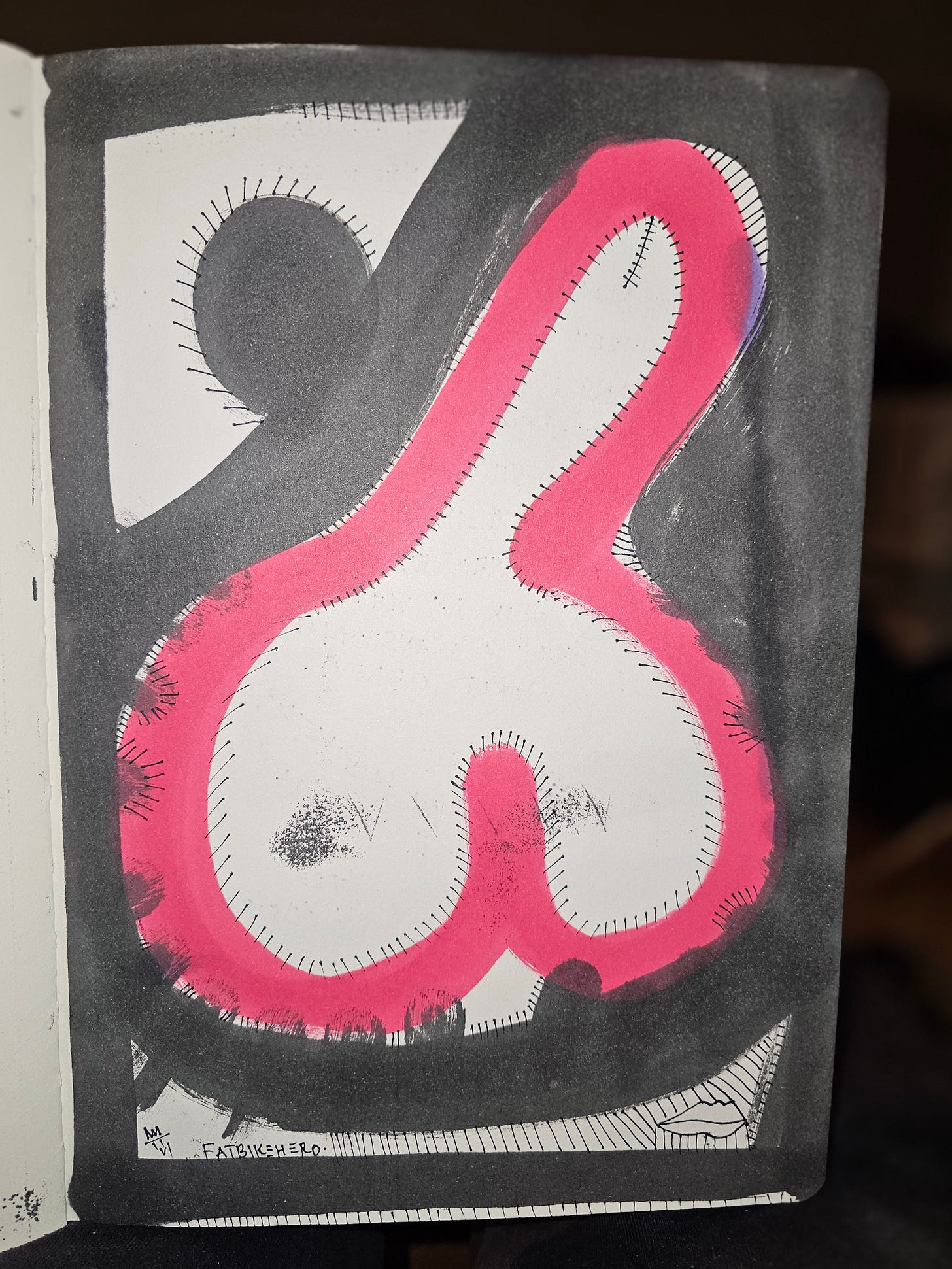 Alt Text: A high-contrast sketchbook page featuring a large, abstract phallic shape outlined in thick neon pink marker against a stark black background. The pink form has internal stitching marks, resembling a sewn patch or Frankenstein-esque assembly. A small, stylized eye floats in the upper left white space, and a grid-patterned mouth is tucked into the bottom right. The signature "FATBIKEHERO" is visible at the bottom. Alt Text: A high-contrast sketchbook page featuring a large, abstract phallic shape outlined in thick neon pink marker against a stark black background. The pink form has internal stitching marks, resembling a sewn patch or Frankenstein-esque assembly. A small, stylized eye floats in the upper left white space, and a grid-patterned mouth is tucked into the bottom right. The signature "FATBIKEHERO" is visible at the bottom.