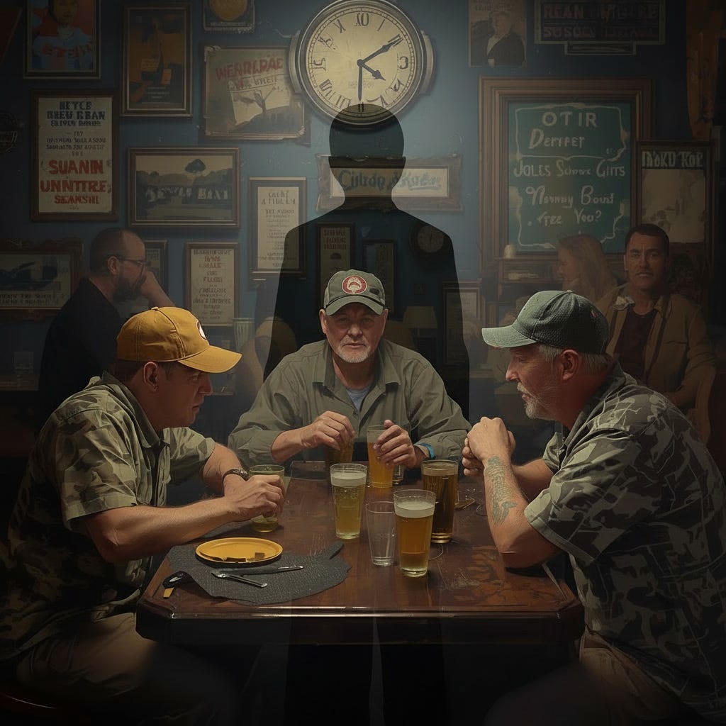 A barely visible shape hovering behind some middle aged men at a dive bar A barely visible shape hovering behind some middle aged men at a dive bar
