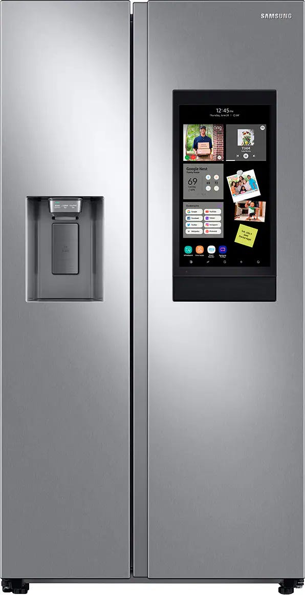 Front. Samsung - 26.7 cu. ft. Side-by-Side Smart Refrigerator with 21.5" Touch-Screen Family Hub - Stainless Steel.