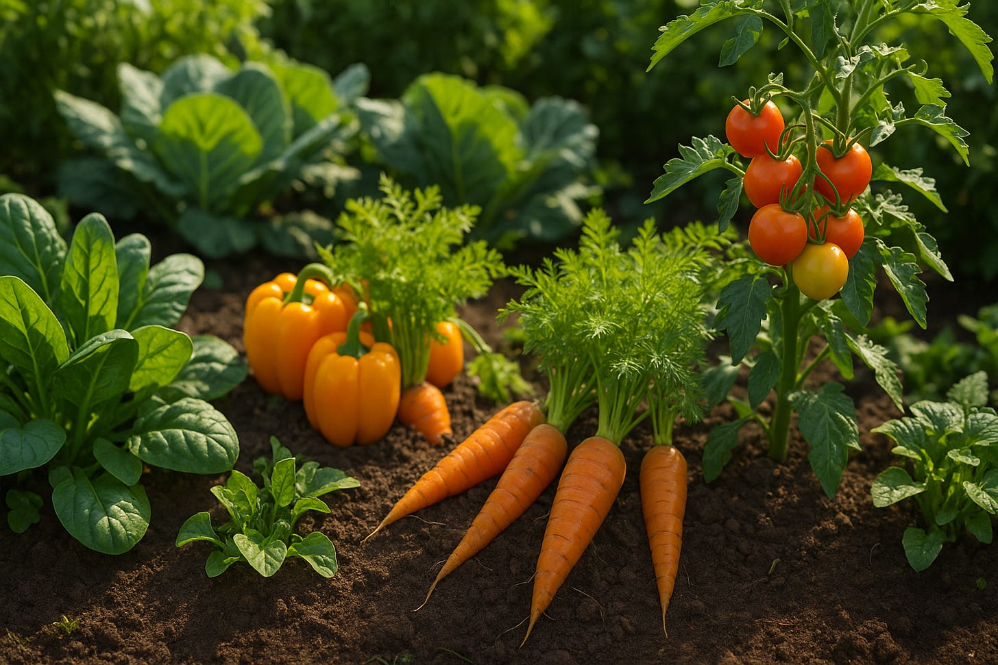 Garden with fresh vegetables including peppers, carrots and tomatoes.