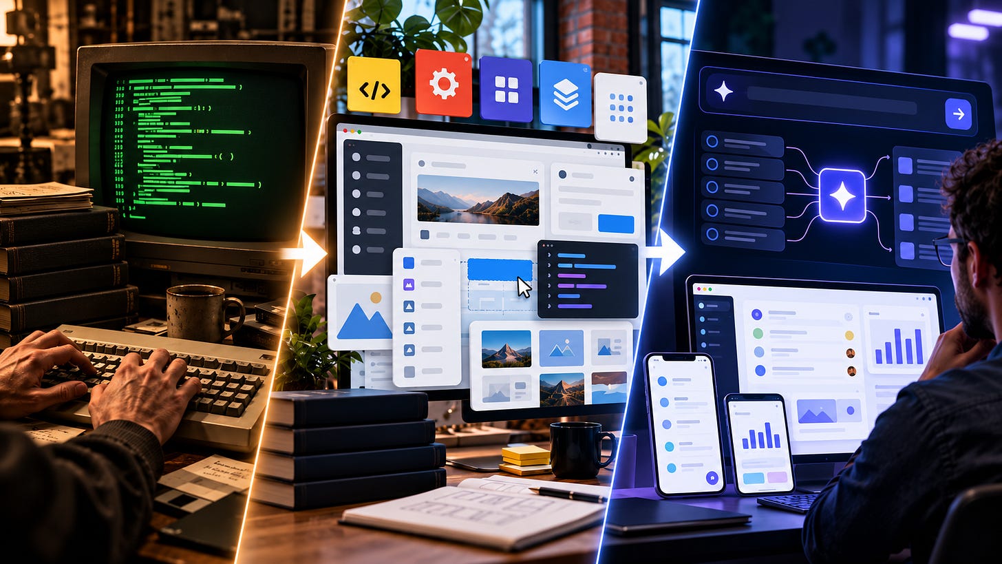 Evolution of software development from manual coding and web frameworks to AI-assisted programming and autonomous coding agents.