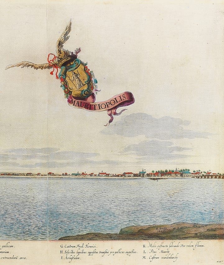 Diagrama com duas imagens Imagem 1: A obra retrata a Cidade Maurícia (Mauritiopolis), que foi a sede do governo de Maurício de Nassau durante o período do Brasil Holandês. No topo, há um brasão de armas ornamentado, sustentado por asas, com uma faixa rosa onde se lê o nome "MAURITIOPOLIS". A parte inferior mostra uma vista horizontal e distante da cidade a partir do mar, destacando construções baixas, igrejas sob um céu amplo. Na base da imagem, há textos em latim que servem como uma legenda para identificar pontos geográficos e arquitetônicos específicos da cena. Imagem 2: Esta imagem exibe um design de pôster com forte ênfase em tipografia experimental e elementos visuais de alto contraste.  A imagem é dividida em blocos de cores sólidas — preto, branco e amarelo — que criam uma estética geométrica e moderna. Há uma fotografia em preto e branco de uma pessoa da cintura para baixo, usando calças escuras e calçados claros, posicionada à direita. A palavra "VON" aparece no topo em letras pretas robustas, atravessada por uma linha amarela diagonal. No lado esquerdo, a palavra "Leopold" está escrita verticalmente com uma fonte estilizada, incluindo caracteres com acentuações incomuns e formas gráficas integradas, como triângulos e linhas onduladas amarelas. No rodapé, há um bloco de texto pequeno que detalha os créditos do projeto: Designer: Mike Griffin, para o Type Directors Club de Nova York, por volta de 1989. Agência: Richard Gariclon Media Design Corporation. Cliente: Millionaire Entertainment. Dimensões: Aproximadamente 50,8 x 73,7 cm (20 x 29 polegadas). 