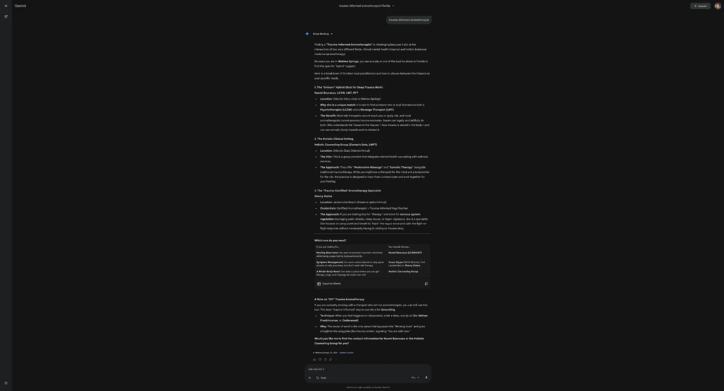The Visible Practitioner GEO case study screenshot January 2026. Gemini AI results with location detection.