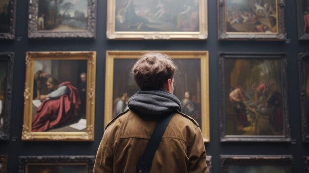 Premium Photo | A man looking at paintings in an art museum