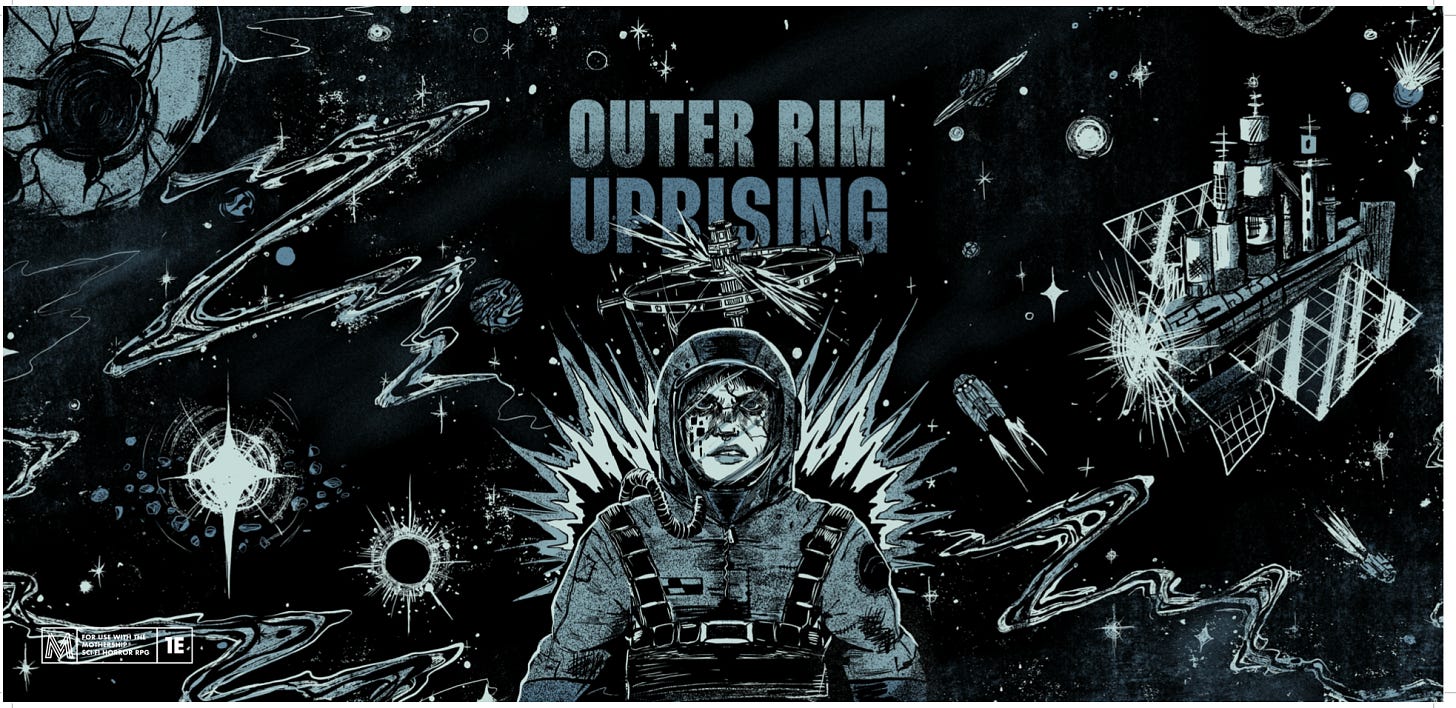 Landscape illustration, angry rebel in the center, space mayhem in the background, cold colors
