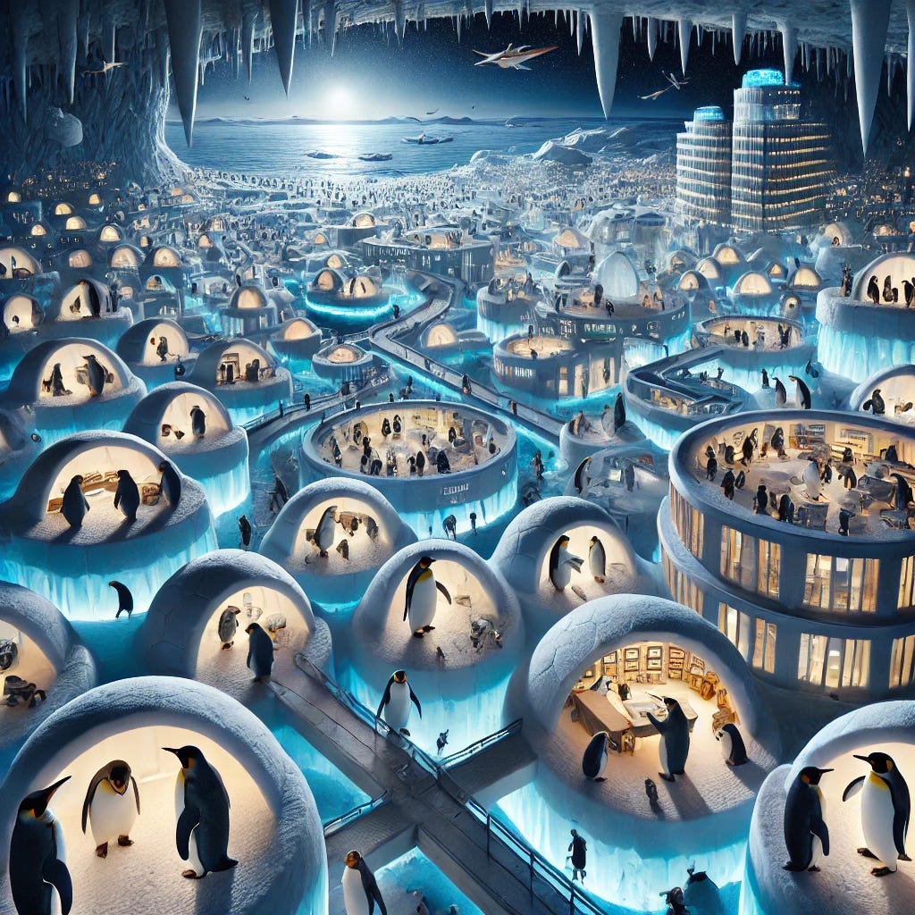 A secret underground penguin city hidden beneath the Antarctic ice, bustling with many penguins. The city is illuminated by glowing ice crystals, with numerous penguins walking through intricate ice tunnels, living in igloo-like homes, and engaging in various activities. Some penguins are planning expansions on icy blueprints, while others slide down frozen slides or gather in a central plaza. Icebergs above the surface act as hidden entrances, disguising the lively metropolis below.