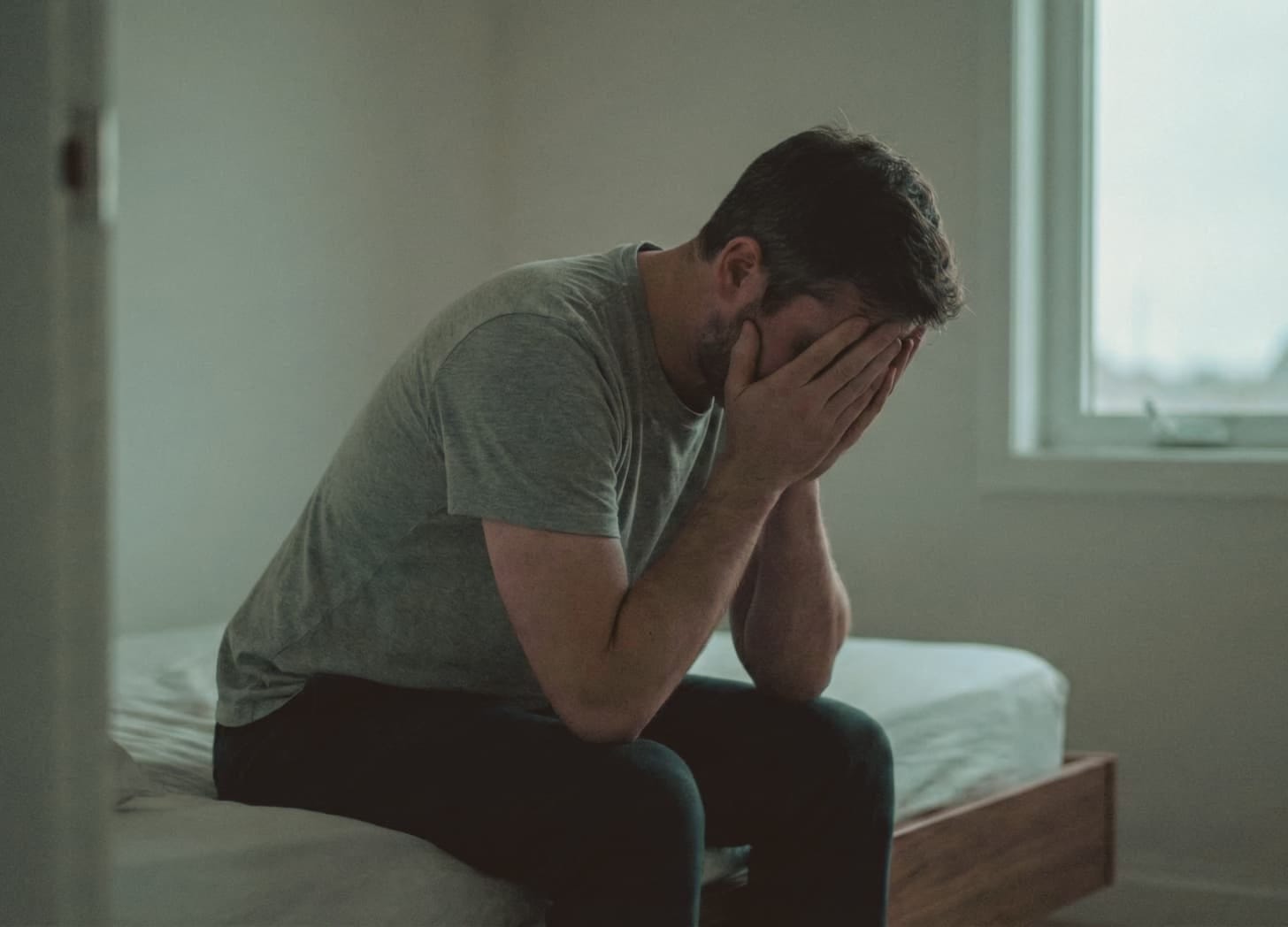 Man with hands on his face conveying exhaustion and grief