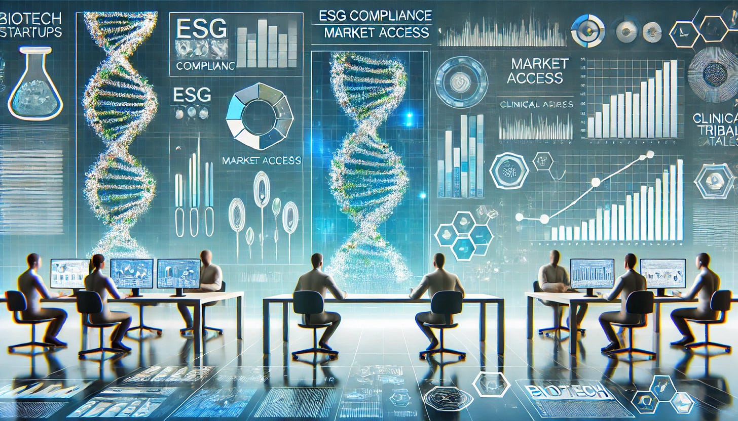 A horizontal digital illustration for an article about evaluating biotech startups. The image features a modern, sleek lab environment with researchers analyzing data on futuristic screens. Elements include DNA strands, biotech molecules, and charts highlighting metrics like ESG compliance, market access, and clinical trial stages. The color palette includes blues and greens, representing innovation and sustainability. Subtle overlays of data grids and charts give a professional, analytical feel.