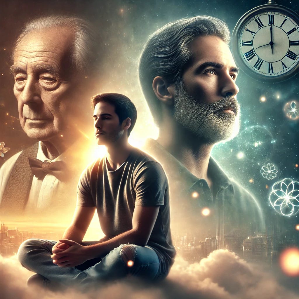 A cinematic cover image of a man, Alejandro, sitting with his eyes closed, imagining his future self. In the foreground, Alejandro appears younger, dressed casually, and in deep thought. In the background, his future self is slightly older, with a wise and serene expression, offering advice. The scene has a dreamlike, glowing atmosphere with soft light and gentle clouds. Elements like a subtle blend of time—old clocks and faint future cityscapes—are in the background, symbolizing the journey through time. The overall mood is inspiring, thoughtful, and introspective. A cinematic cover image of a man, Alejandro, sitting with his eyes closed, imagining his future self. In the foreground, Alejandro appears younger, dressed casually, and in deep thought. In the background, his future self is slightly older, with a wise and serene expression, offering advice. The scene has a dreamlike, glowing atmosphere with soft light and gentle clouds. Elements like a subtle blend of time—old clocks and faint future cityscapes—are in the background, symbolizing the journey through time. The overall mood is inspiring, thoughtful, and introspective.