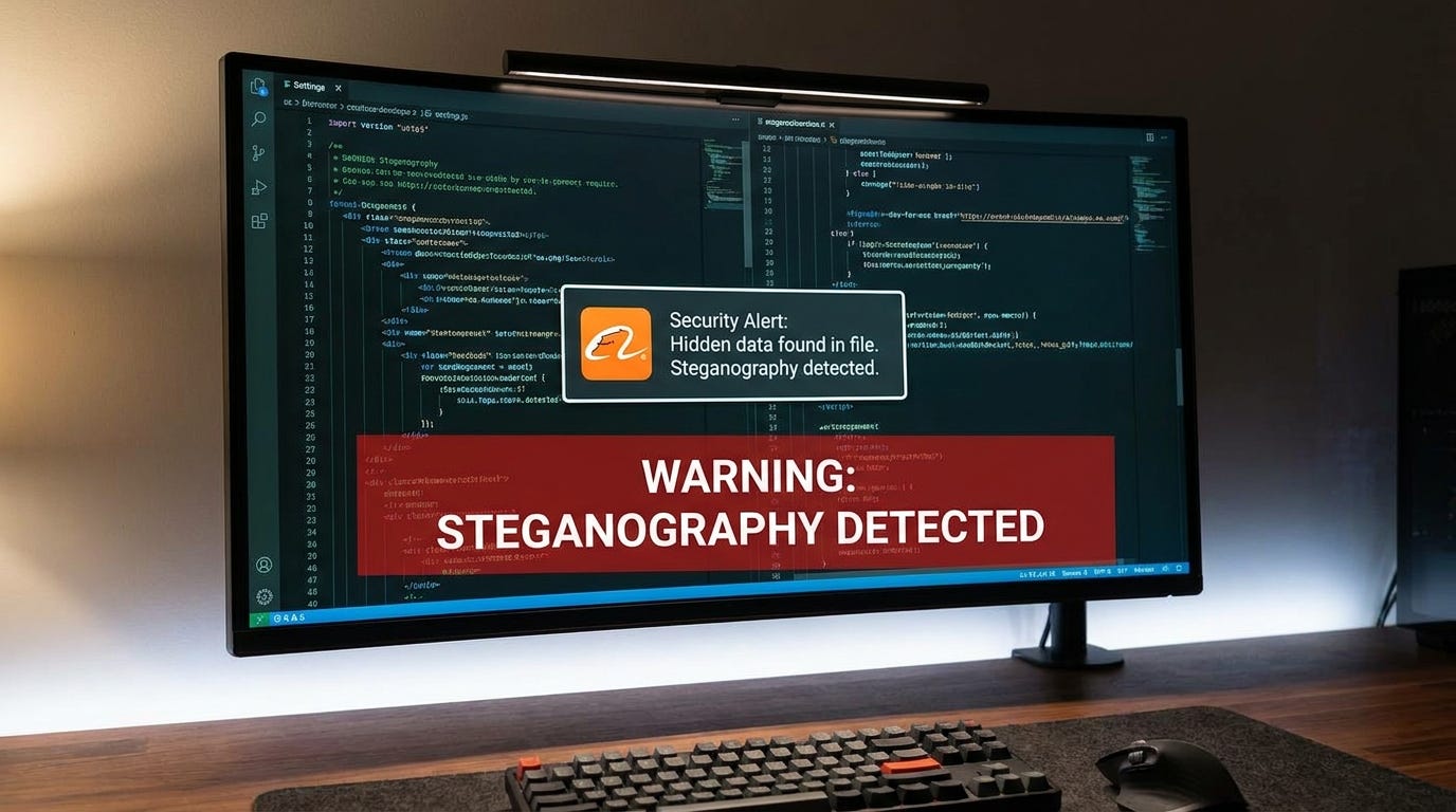 Màn hình máy tính hiển thị các dòng mã nguồn với cảnh báo đỏ 'STEGANOGRAPHY DETECTED' và logo Alibaba. Màn hình máy tính hiển thị các dòng mã nguồn với cảnh báo đỏ 'STEGANOGRAPHY DETECTED' và logo Alibaba.