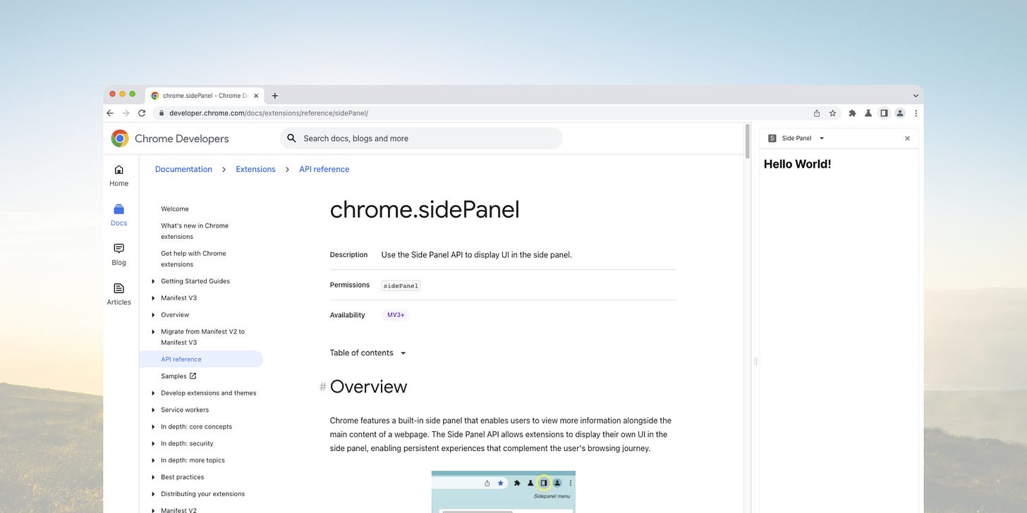 A side panel extension open on Side Panel reference page