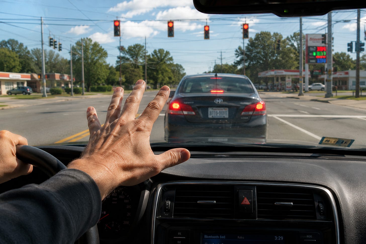 Passenger-seat view of a car approaching a stopped vehicle at a red light, capturing the panic of teaching a teen to drive.