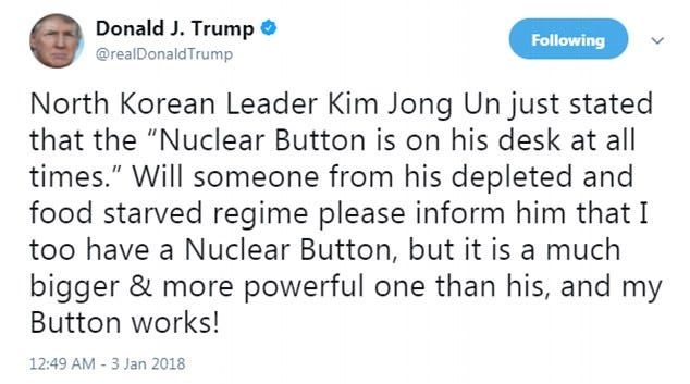 North Korea calls Trump 'lunatic' over nuclear tweet | Daily Mail Online