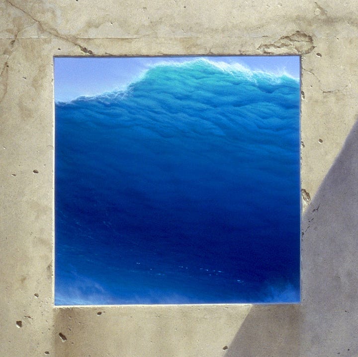 LEFT: Detail from THE INEXORABLE EQUATION featuring a view of the crashing wave framed by the stone facade. The water is a soothing blue darker at its depths and lightening as it climbs to a thin frothing crest. At the base of the wave, the water mists.  RIGHT: Detail from THE INEXORABLE EQUATION featuring shadow cutting a diagonal across the smooth concrete surface. The stone is weathered as indicated by wash lines. At its base, there is a hint of green grass. In the lower right, the artist’s sigil, the stylized letters M and W combined within a circle, is presented as if on a token or coppery wax smushed against the surface.