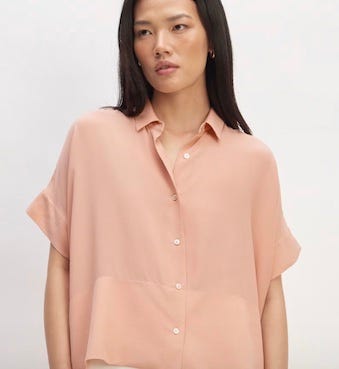 Three images, a peach eyeshadow, peach shirt and peach vases
