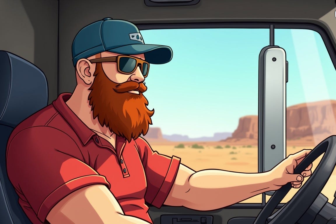 Draw in an anime style: 
 a trucker with a red shirt, blue cap, aviator sunglasses, and a rusty red beard. He's in the driver's seat of a semi-truck, with desert landscape out the window. Under the cap he has a shaved head.