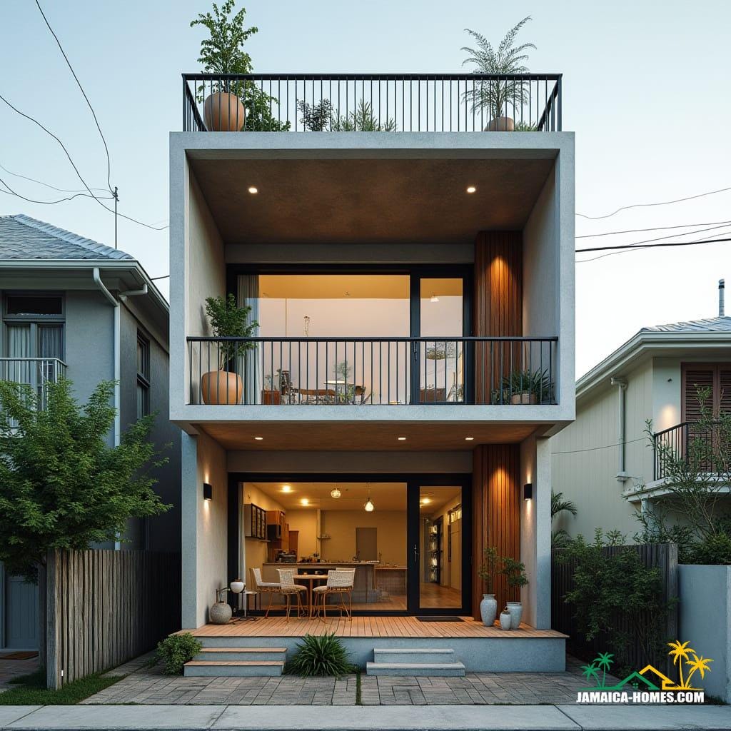 Spanish Town Compact Duplex Design: Two 20-ft modules stacked for a two-story mini duplex, shared roof terrace. Materials: Concrete, steel frame, tempered glass, timber accents. Features: Solar panels, narrow windows to reduce heat, small rooftop garden, compact staircase. Environment: Urban lot, neighboring houses close by, bright tropical sun. Style Notes: Functional, modern, practical for city lot, hurricane-resistant.