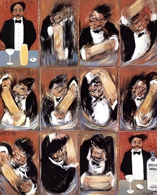 This may contain: an image of men in tuxedos at a table with drinks and wine glasses