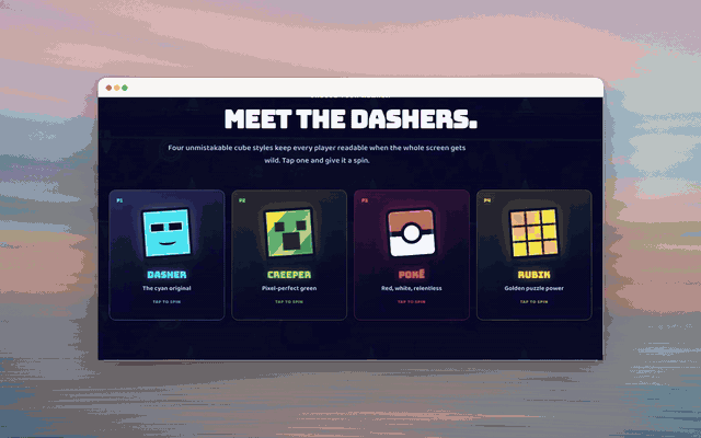 The multiplayer Geometry Dash Mike built: picking a cube, a run past four obstacles, then the wipeout screen.