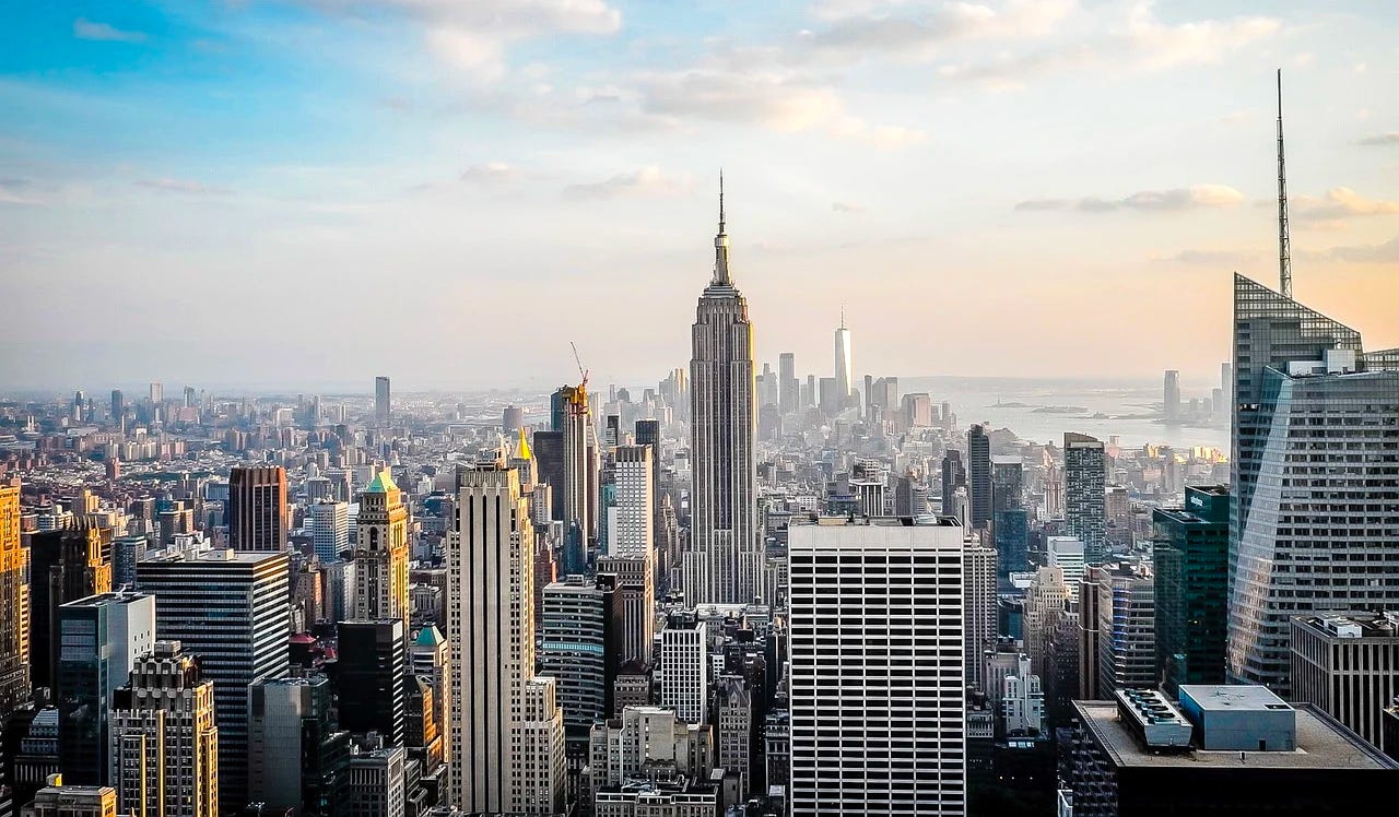 New York City skyline, sunrise