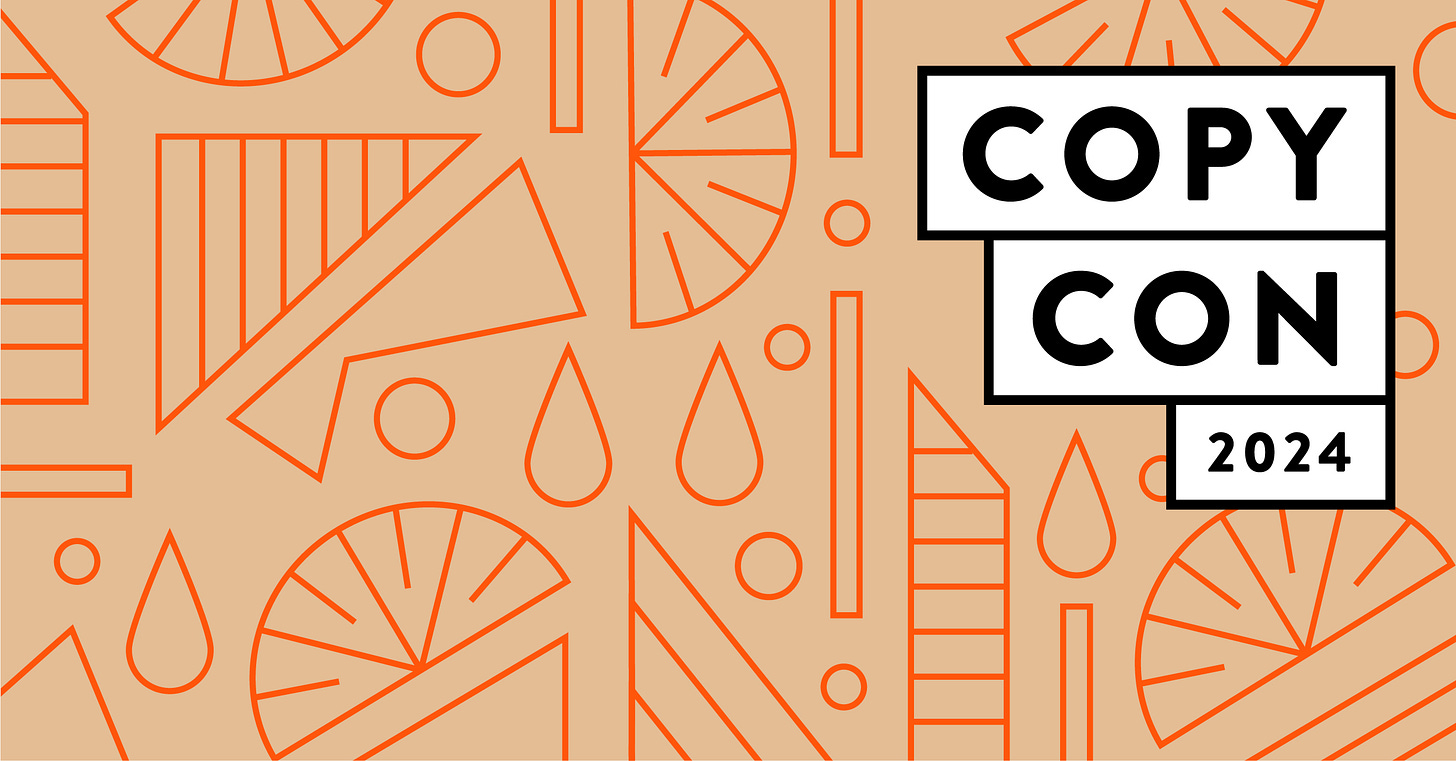 Orange background with orange images, with CopyCon 2024 in the top right corner