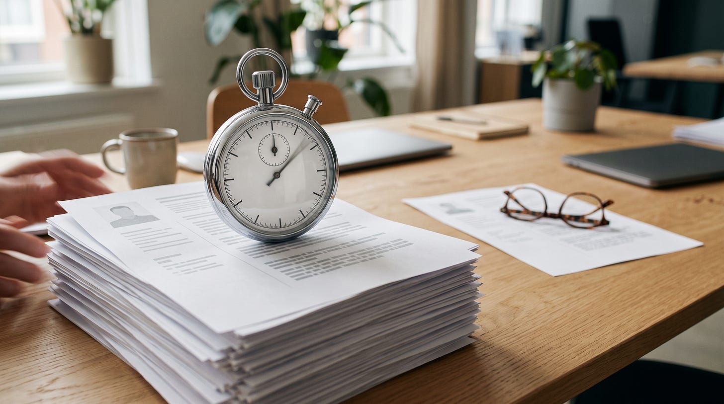 Een stopwatch op een stapel cv's, met apart een cv waar een leesbril op ligt